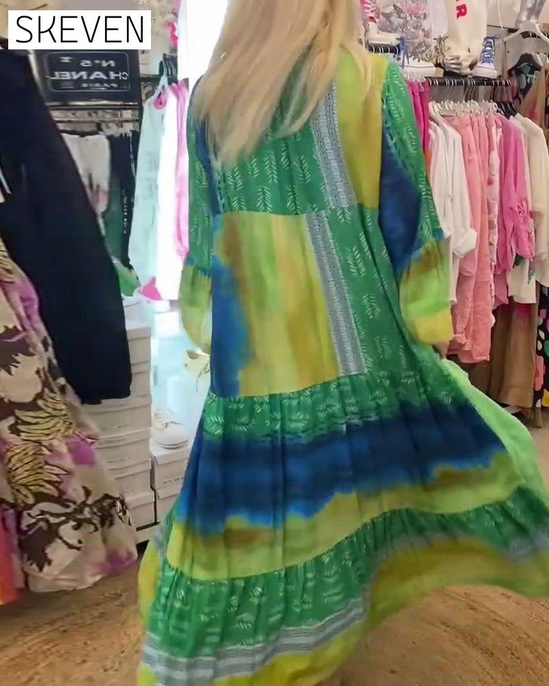 Printed casual V-neck flare sleeve long dress casual dresses spring summer vacation dresses
