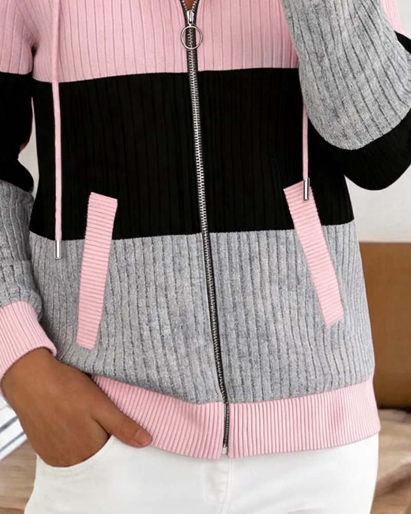 Hooded Zipper Ribbed Color Block Coat