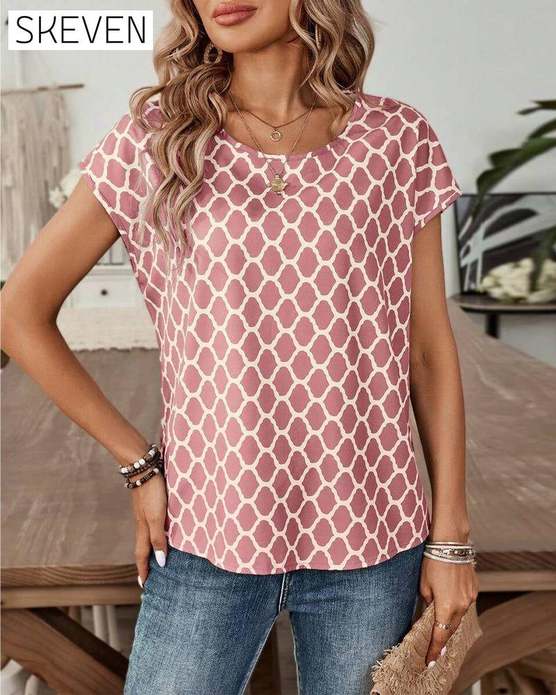 Round Neck Diamond Print Short-Sleeved Blouse