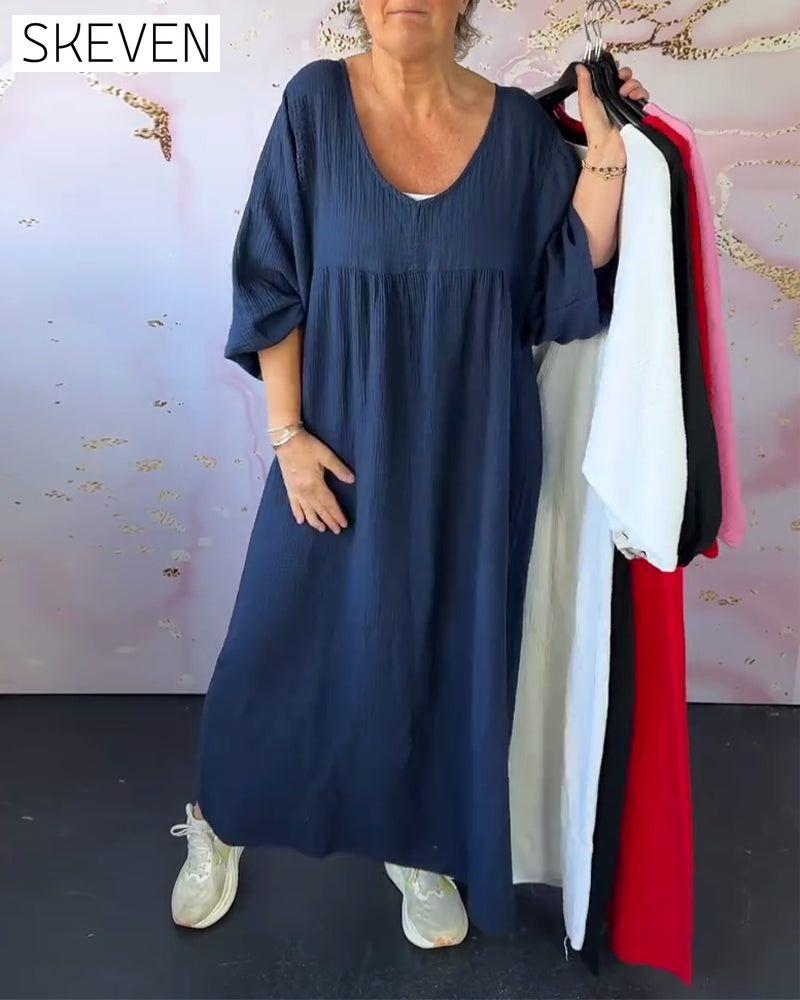 Kleid im Waldstil mit V-Ausschnitt, Falten und einfarbig