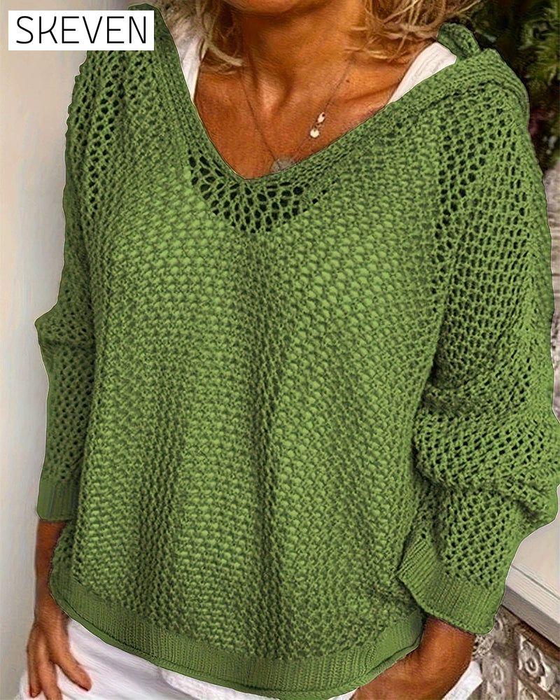 Damen Häkel-Kapuzenoberteile mit langen Ärmeln und Lochmuster