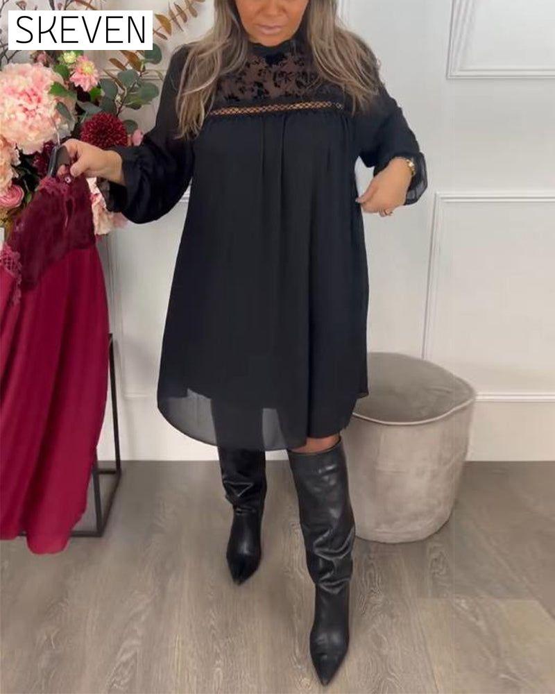 Lace Cutout Puff-Sleeve Elegant Dress