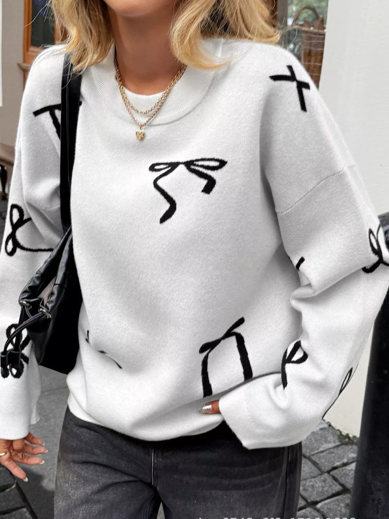 Bow Round Neck Dropped Shoulder Sweater