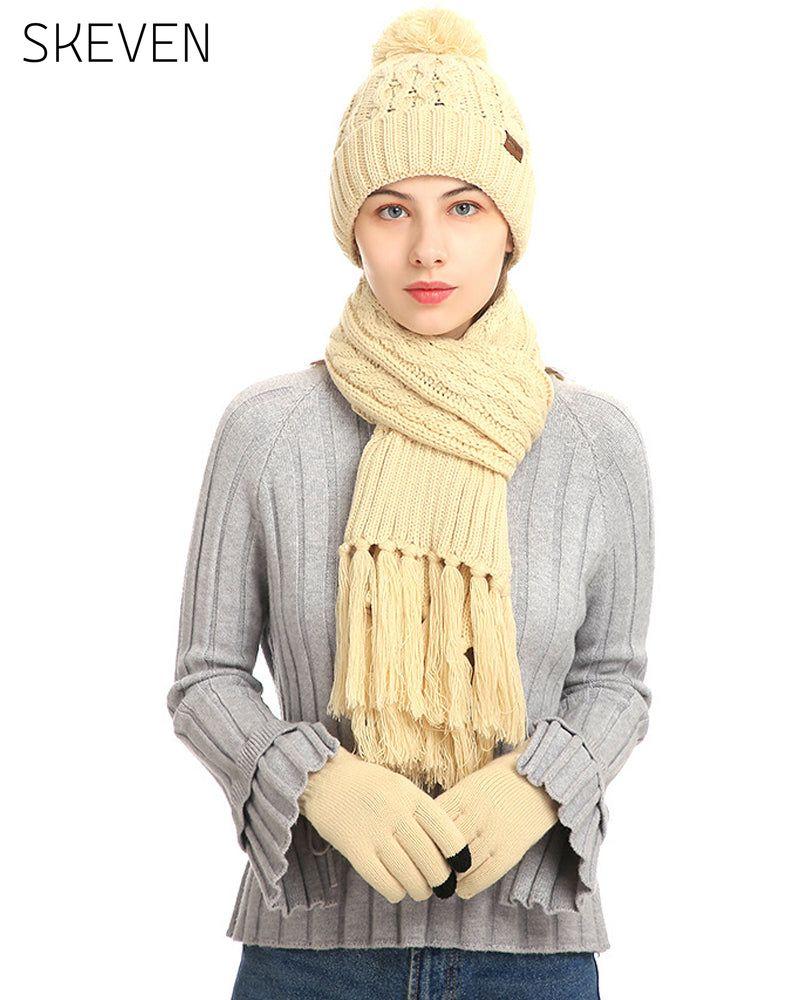 Hat Knitted Wool Three-Piece Set