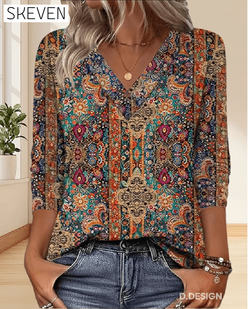 Retro-Bluse mit Print und V-Ausschnitt