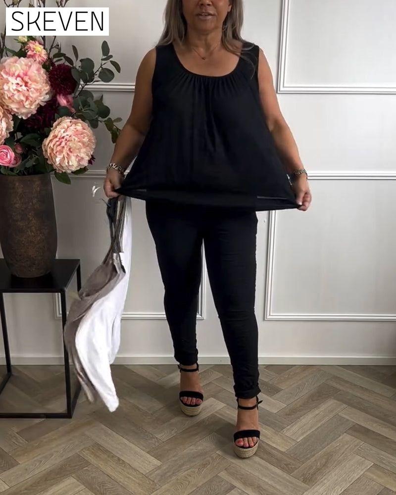 Ärmelloses, einfarbiges, plissiertes Tanktop