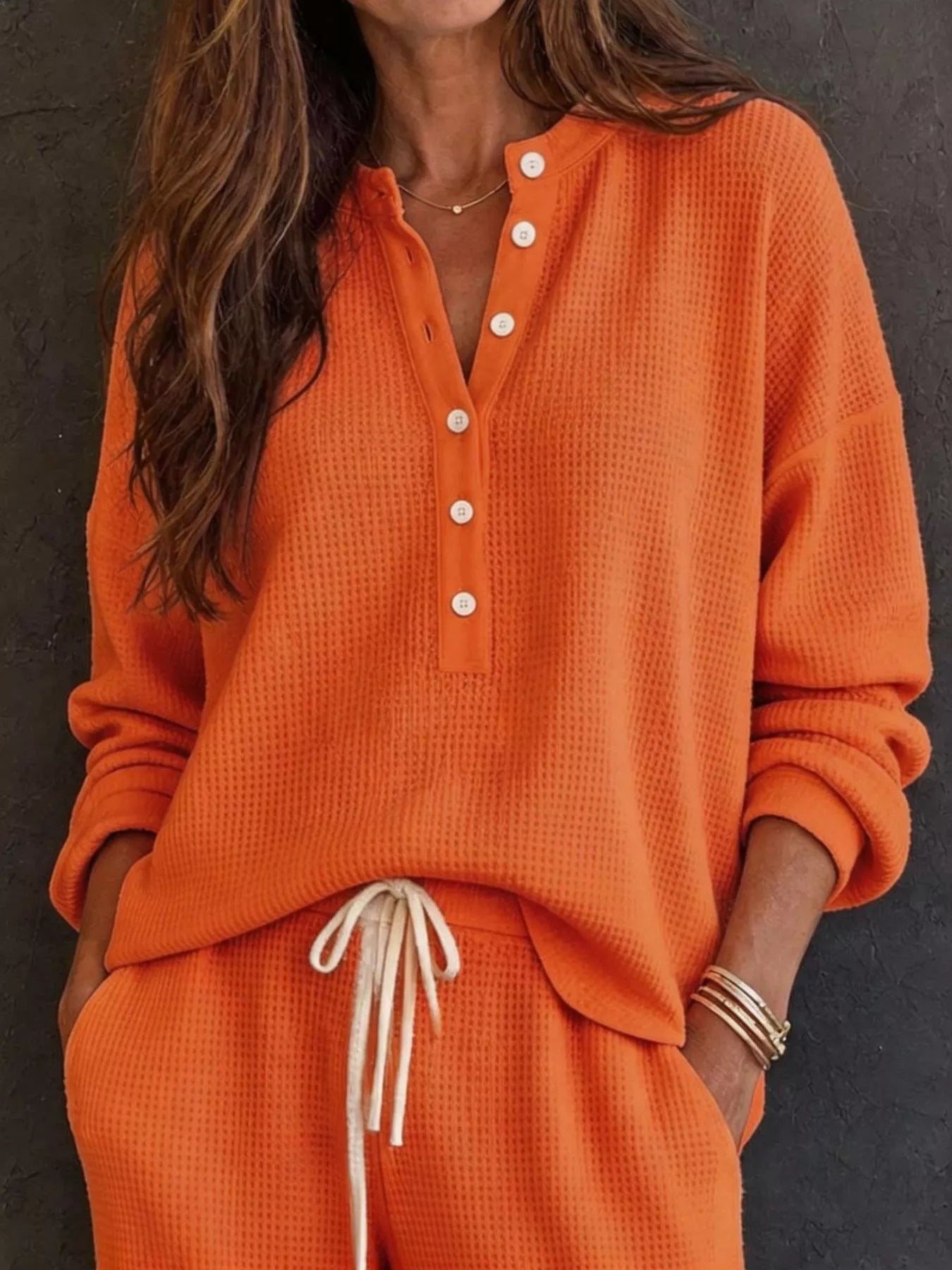 Waffle Knit Henley Top and Wide Leg Pants Set