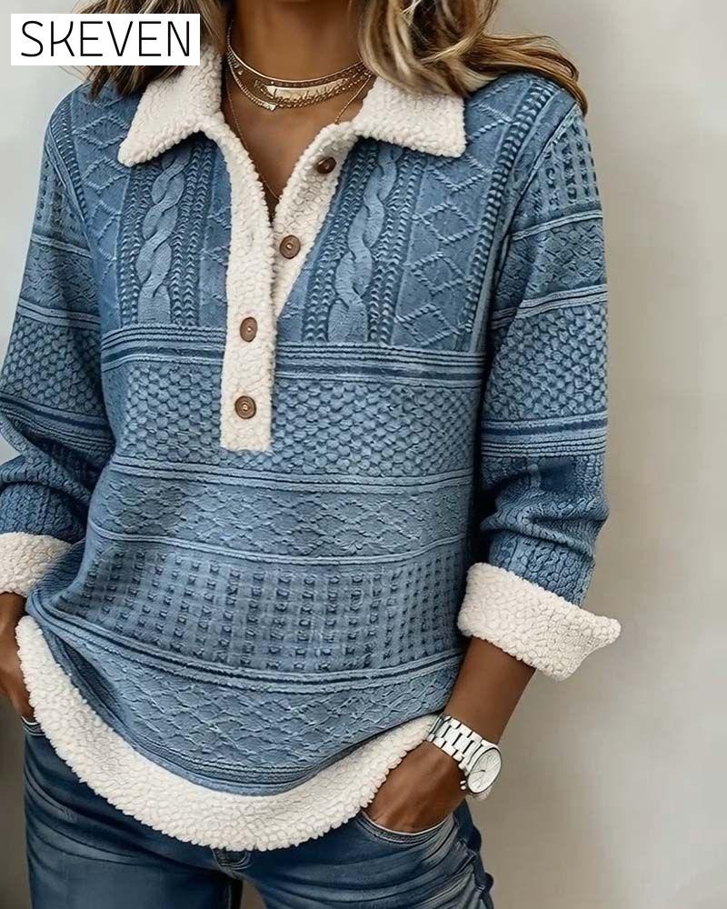 Collared Patchwork Fashion Casual Sweatshirt