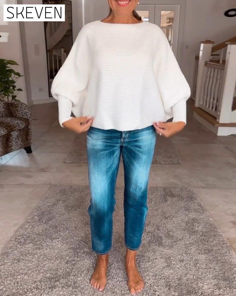 Lantern Sleeve Solid Color Sweater
