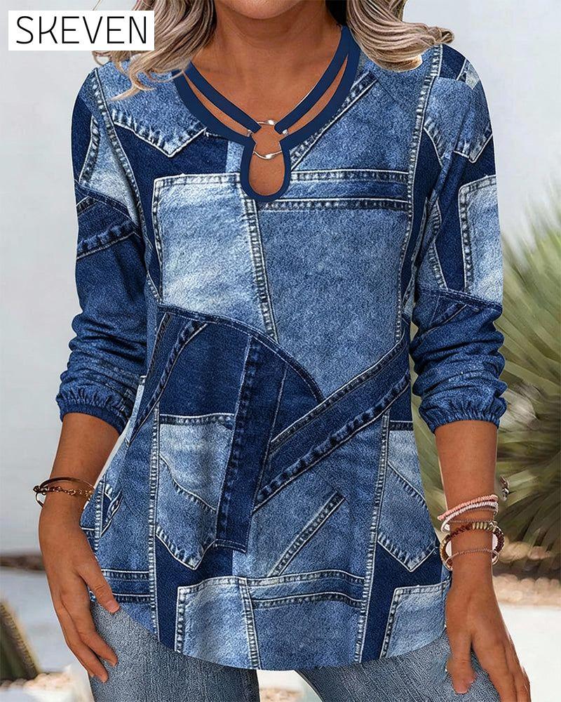 Geometric Print Casual Long-Sleeved Top