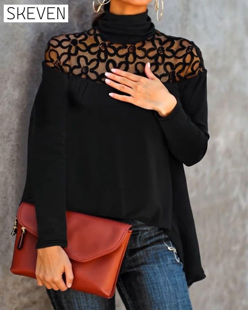 Turtleneck Lace Sheer Knit Top