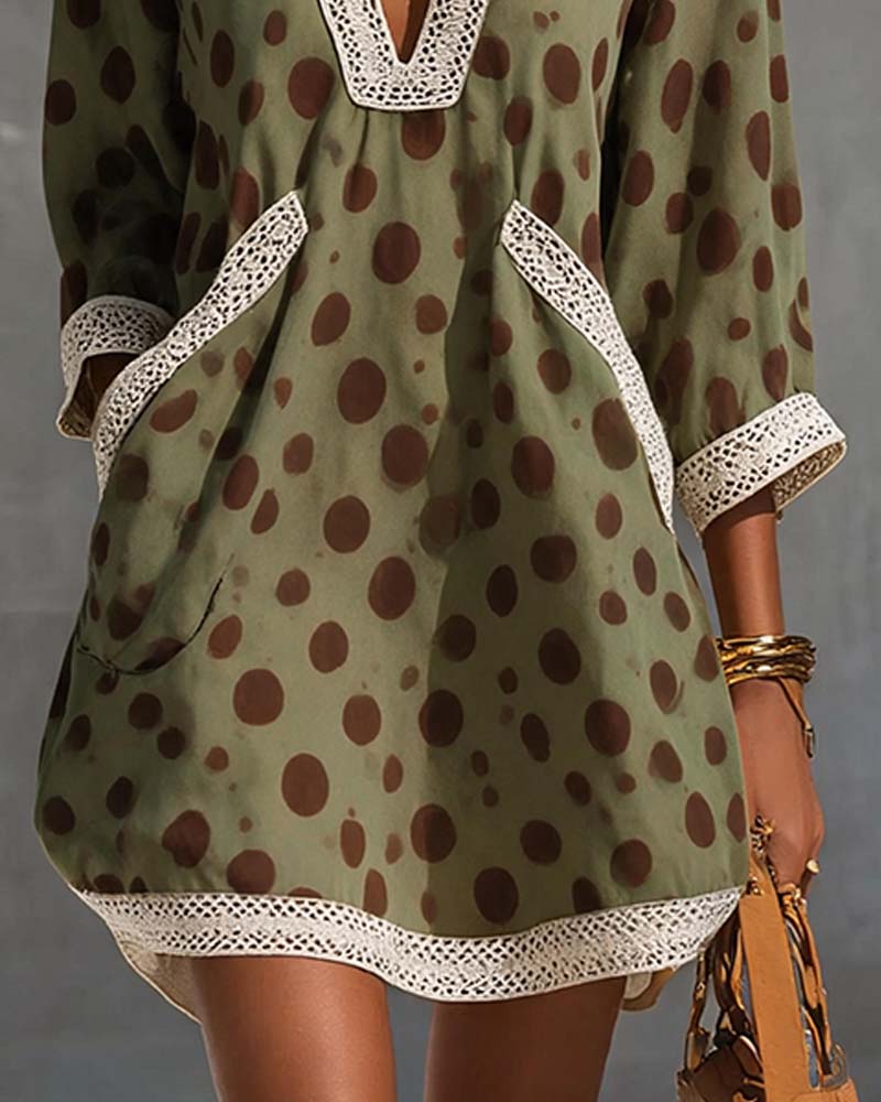 V-Neck Polka Dot Pocket Dress