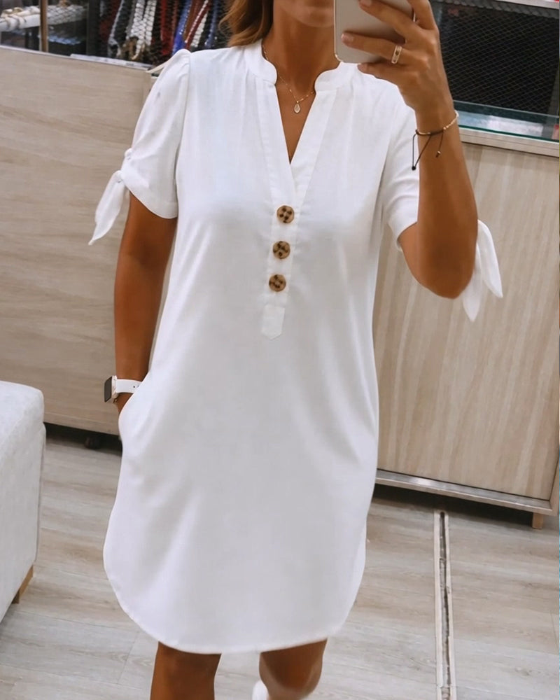 V-Neck Lace-Up Button Dress