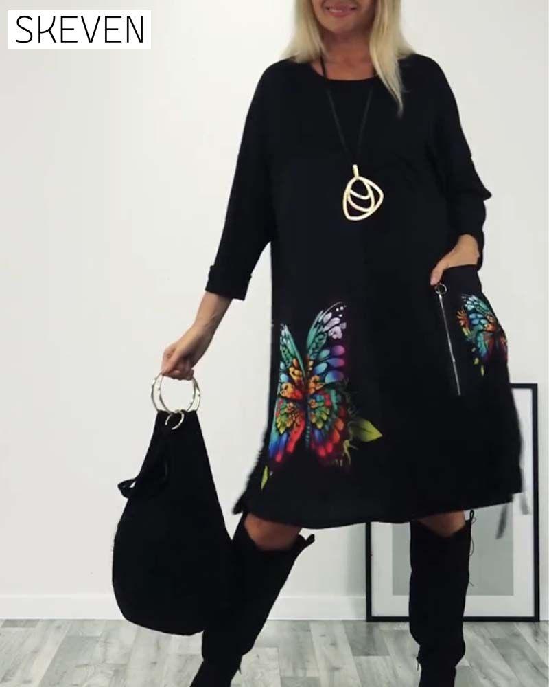 robe à manches longues imprimée papillon avec poches