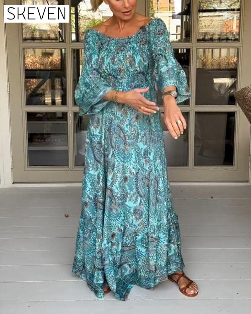 Elegant printed one-shoulder flare sleeve long dress