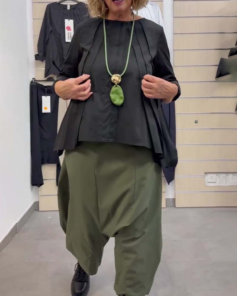 Irregular Hem Pleated Crew Neck Top