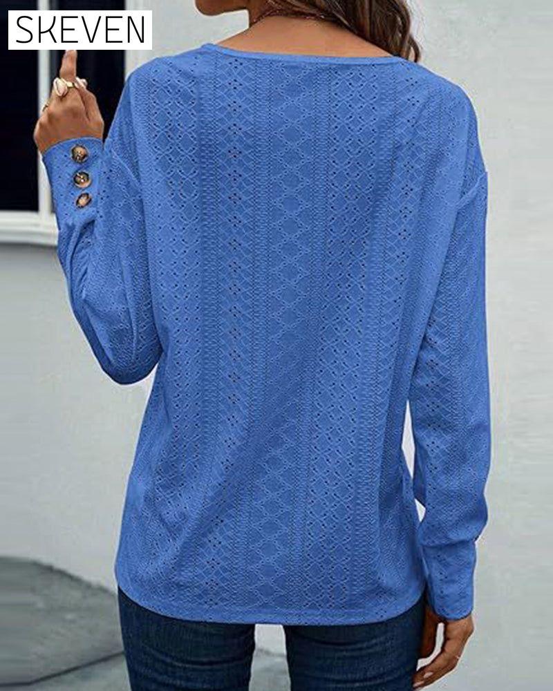Casual V-Neck Hollow Solid Color Blouse