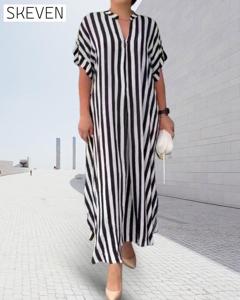 V-neck Shirt Dress in Stripe Print 23BF Casual Dresses Clothes Dresses SALE Spring Summer