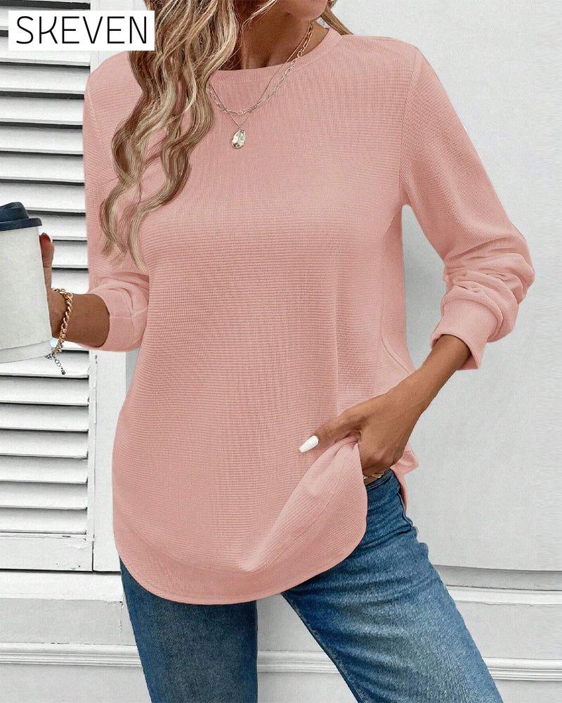 Round Neck Long Sleeve Solid Color Top