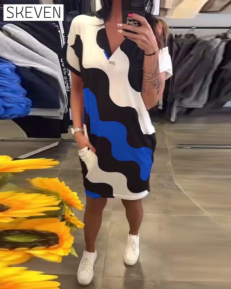V-Neck Wave Print Dress