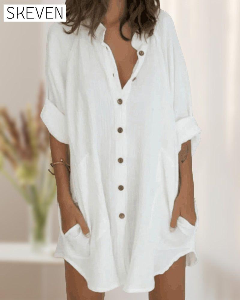 Button pocket solid shirt dress 23BF Casual Dresses Clothes Dresses Spring Summer