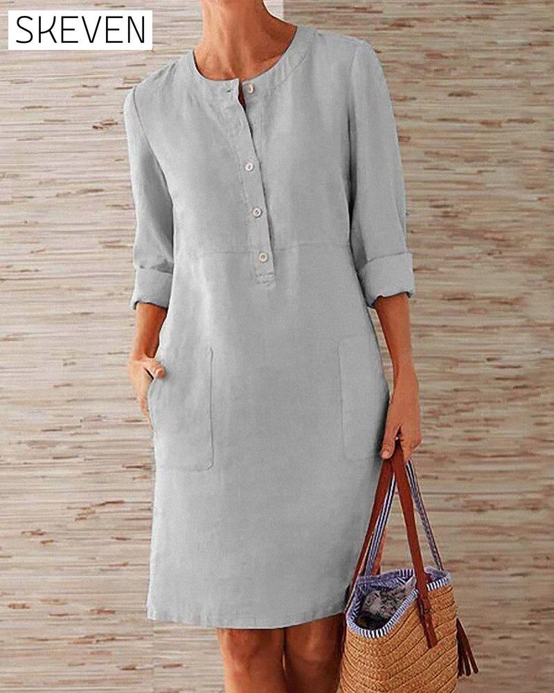 Elegant plain dress Gray 2022 F/W 23BF allamode Casual Dresses Clothes Cotton and Linen Damkläder discount Dresses Kläder och accessoarer Kortärmad för damer Spring Summer Trending Now