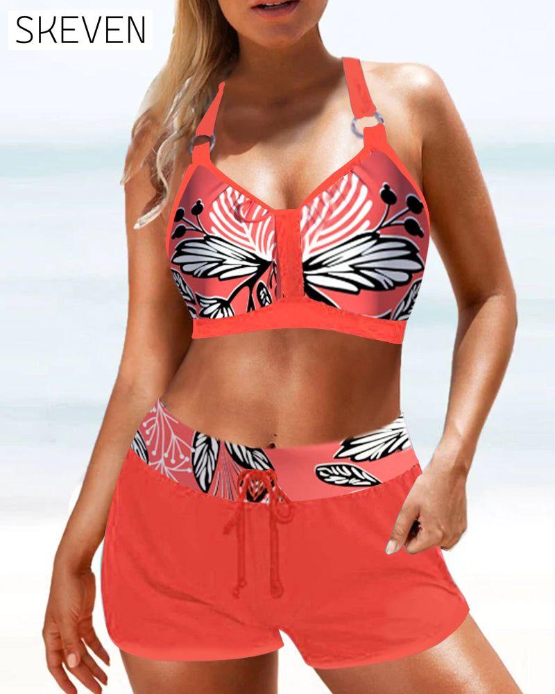 Bikinis mit hohem Bund und Blätterprint
