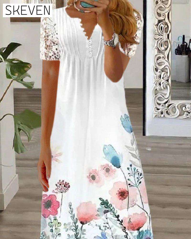 Floral print lace short sleeve long dress 23BF Casual Dresses Clothes Dresses Summer