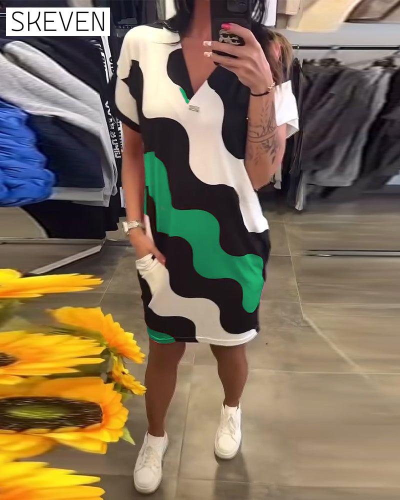 V-Neck Wave Print Dress