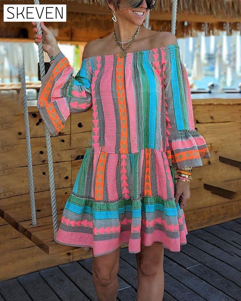 Bell Sleeve Boat neck Dress 23BF Casual Dresses Clothes Dresses Spring Summer