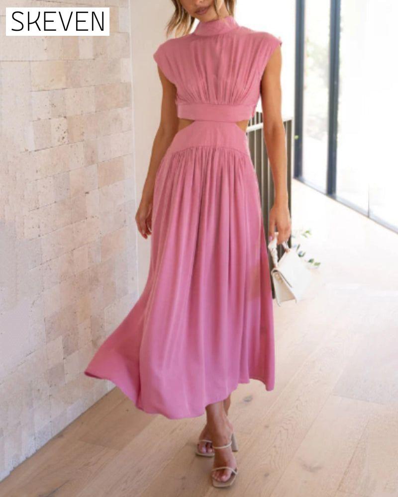 Stand collar off waist solid color long dress Pink 23BF Casual Dresses Clothes Dresses Summer