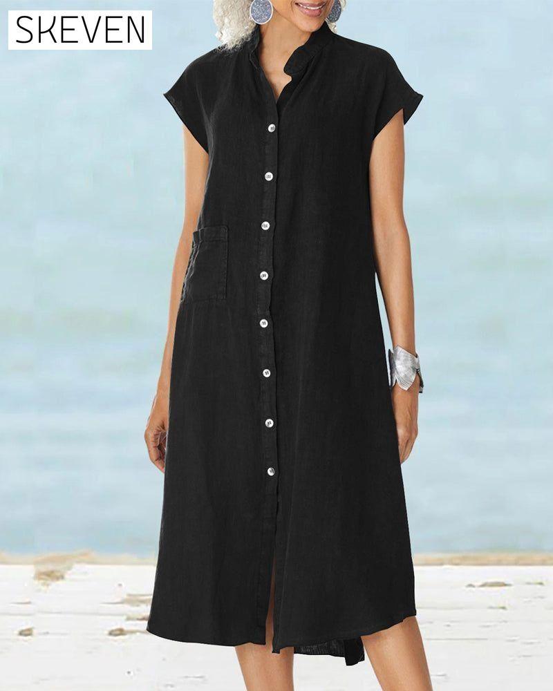 Stand collar single breasted pocket dress Black 23BF Casual Dresses Clothes Dresses Summer