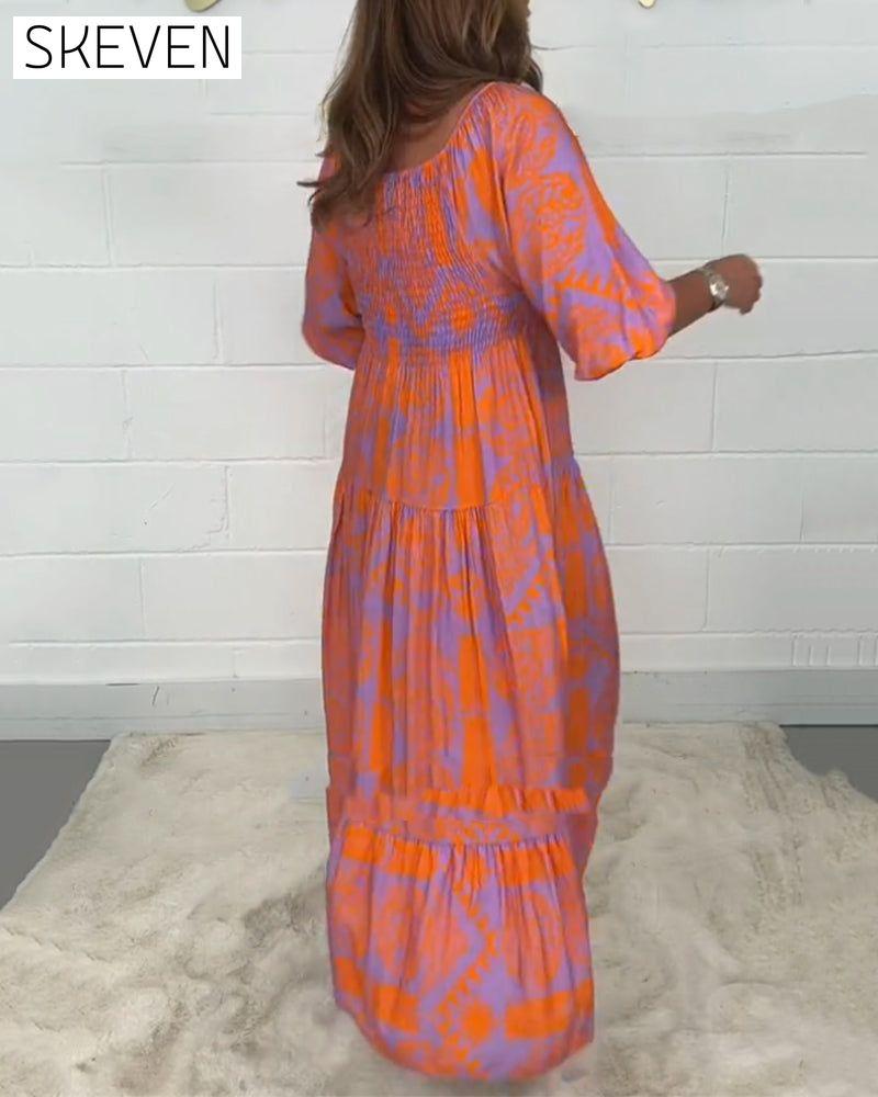 Kleid mit eckigem Ausschnitt und Print, halblangen Ärmeln