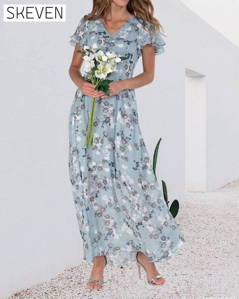 Short Sleeve Long Dress with Floral Print 23BF Casual Dresses Clothes Dresses SALE Spring Summer