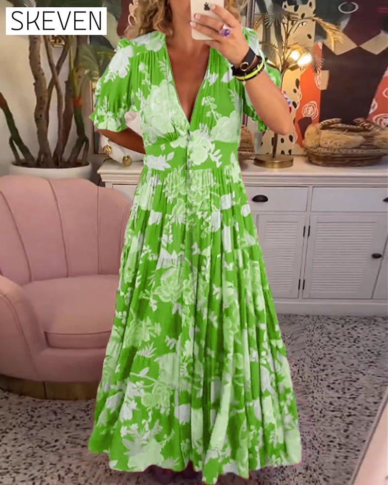 Floral print v-neck pocket dress Green 23BF Casual Dresses Clothes discount Dresses Spring Summer