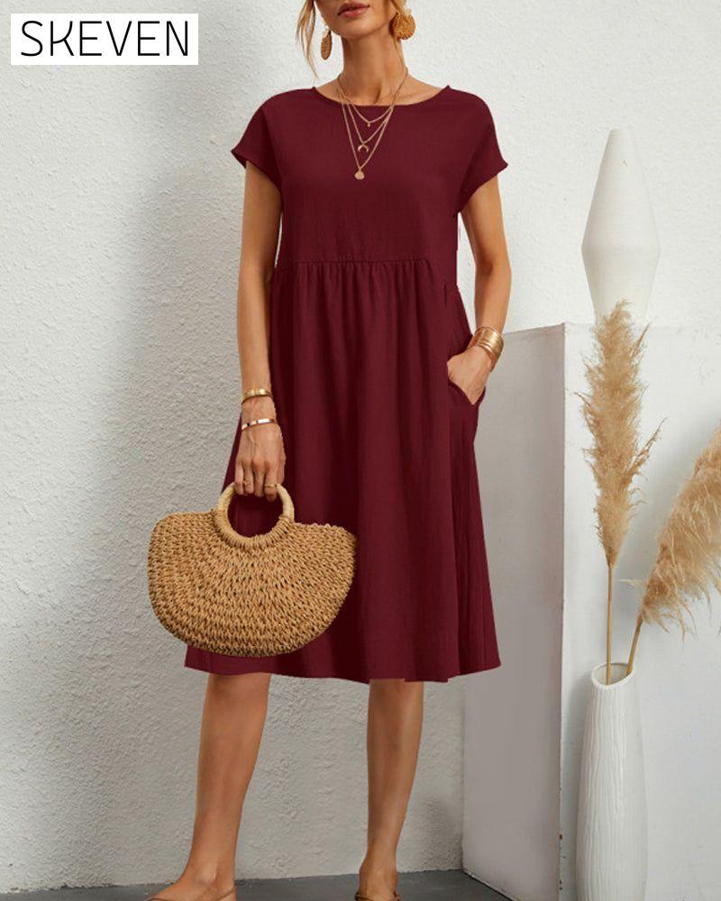 Round neck loose cotton and linen dress Burgundy 23BF casual dresses Clothes Cotton and Linen discount Dresses Spring summer