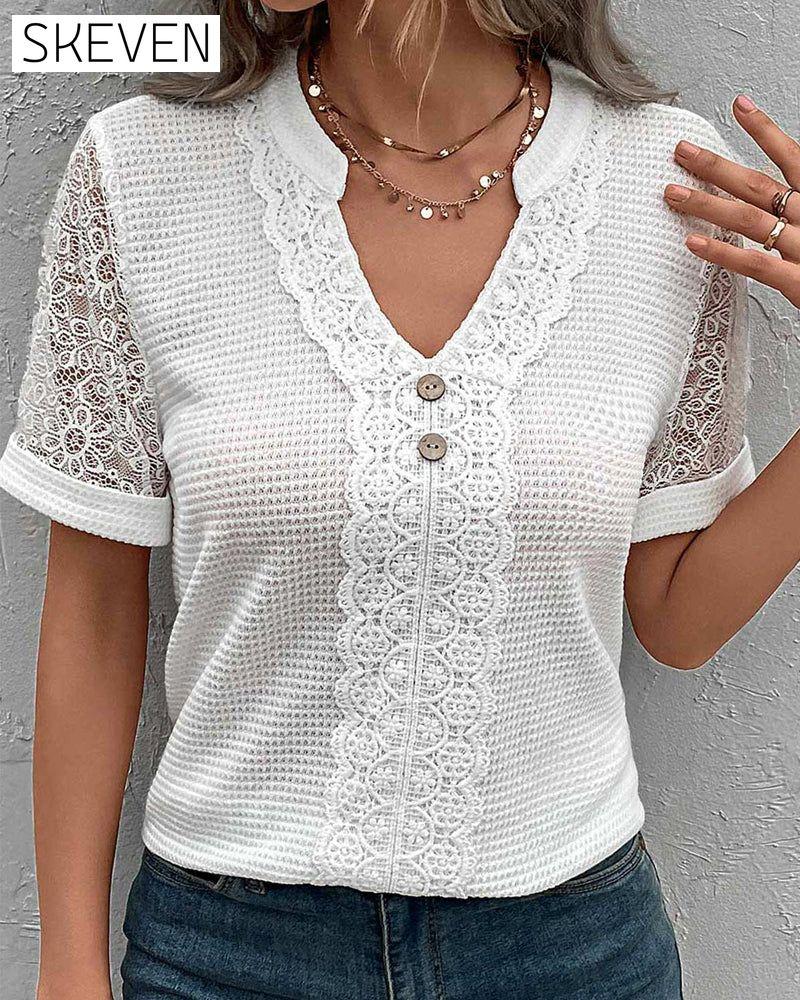 Solid color v-neck lace T-shirt
