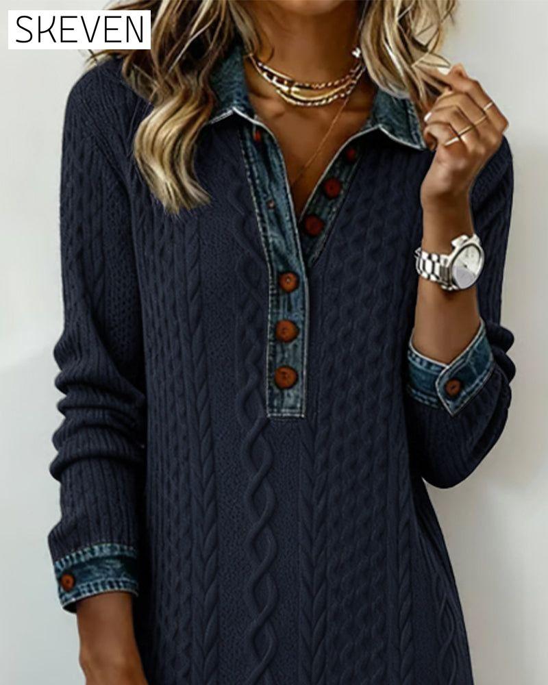 Denim cable knit patchwork collared dress