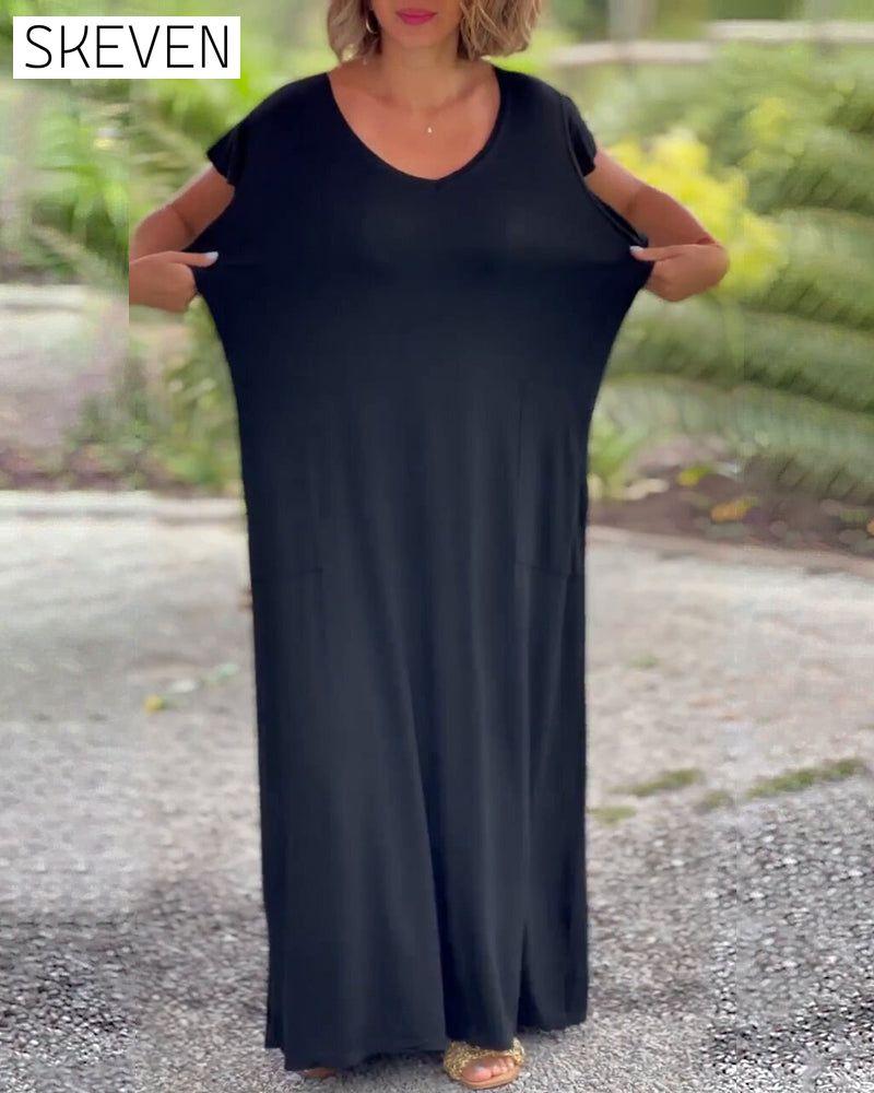 Einfarbiges, kurzes, langes Kleid mit Tasche
