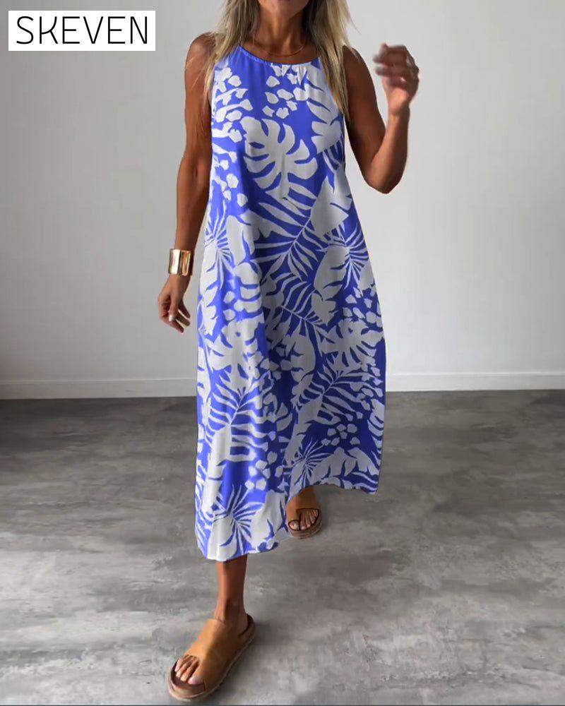 Leaf print casual sleeveless dress
