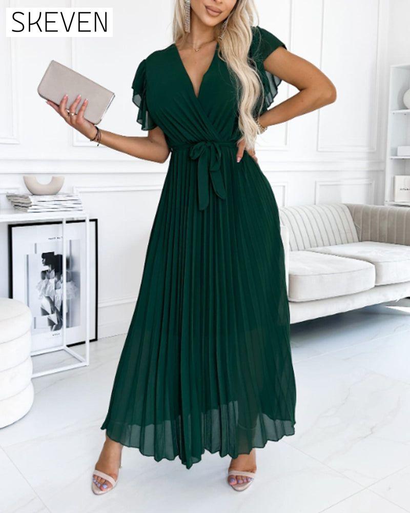 Solid color ruffled sleeves V-neck elegant dress Green casual dresses summer