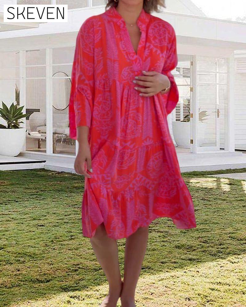 Boho Geometric Print 3/4 Sleeve Dress 23BF Casual Dresses Clothes Dresses Spring Summer