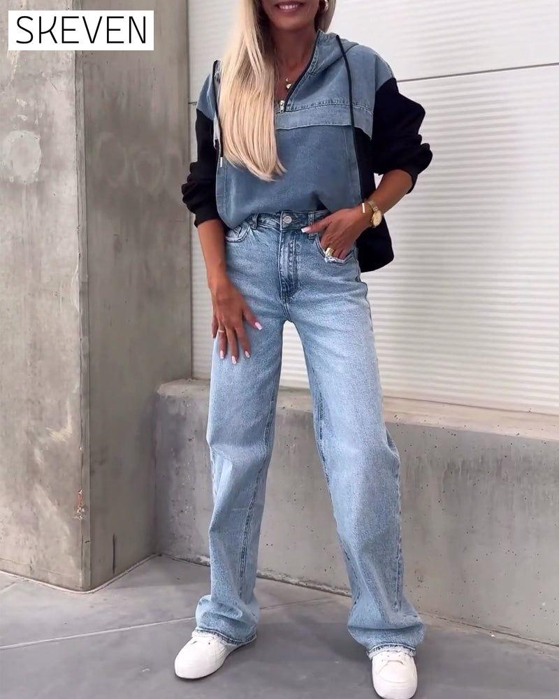 Casual denim patchwork zipper hoodie