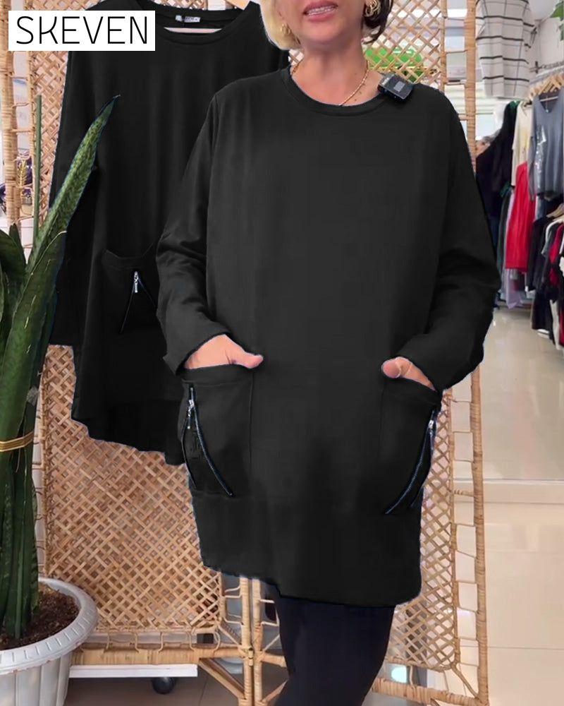 Round Neck Solid Color Zipper Pocket Sweatshirt