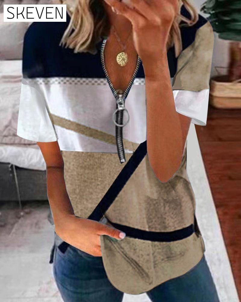 Zip print short sleeve t-shirt Khaki 23BF clothes Short Sleeve Tops Summer T-shirts Tops/Blouses