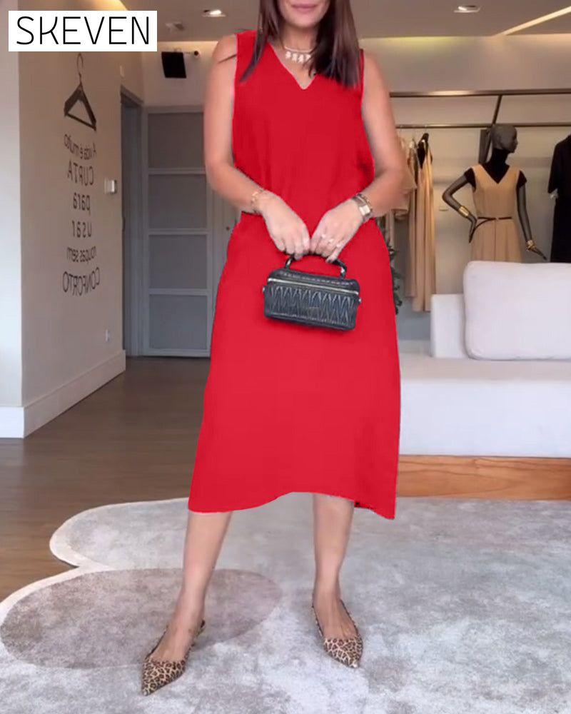 Robe décontractée sans manches à col en V et fente unie