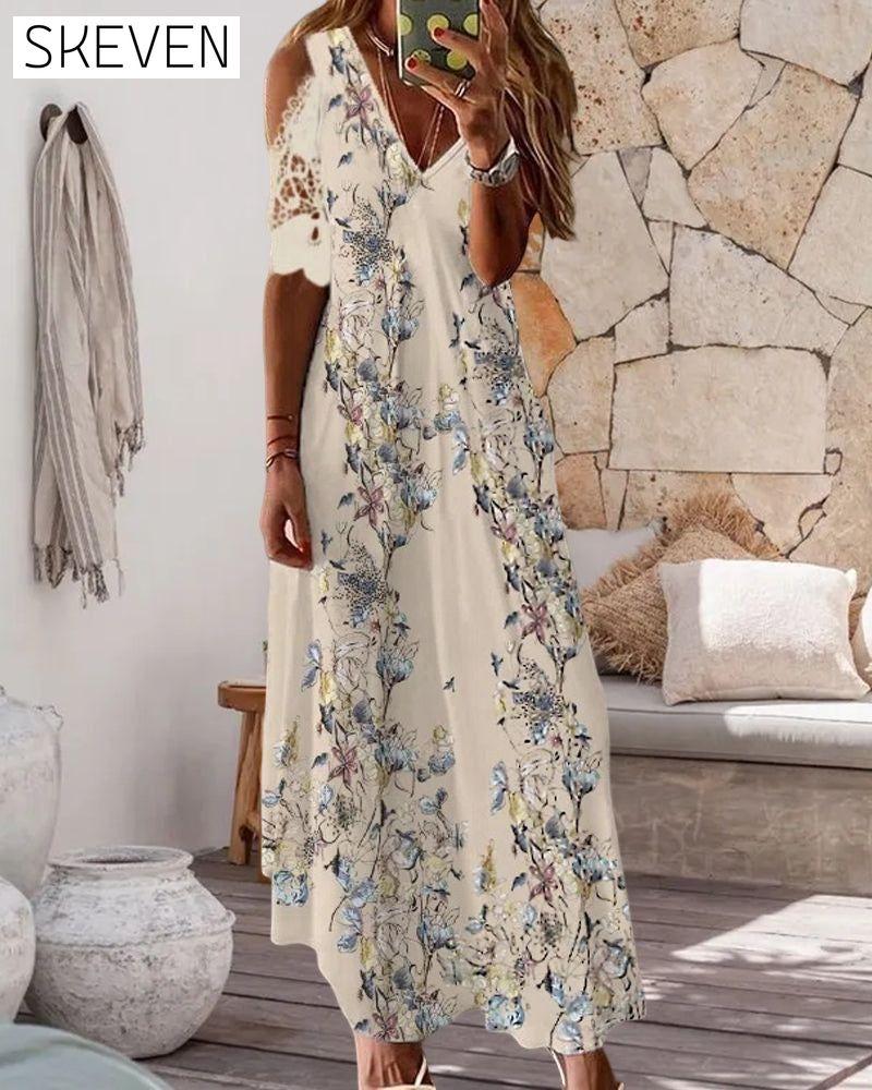 Floral Print Dress with Short Lace Sleeves 23BF Casual Dresses Clothes Dresses Spring Summer Vacation Dresses