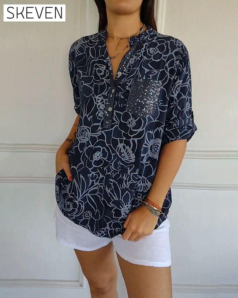 Bedruckte Bluse mit V-Ausschnitt und Knopfleiste