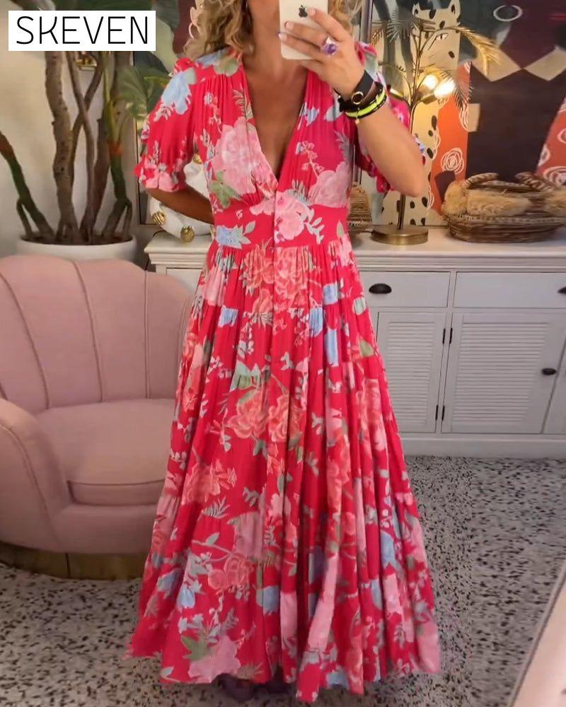 Floral print v-neck pocket dress Red 23BF Casual Dresses Clothes discount Dresses Spring Summer
