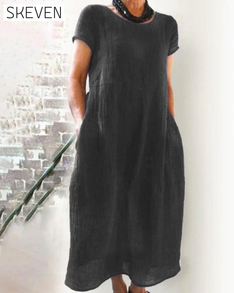 Loose solid color dress Black 23BF casual dresses Clothes Cotton and Linen Dresses Spring summer